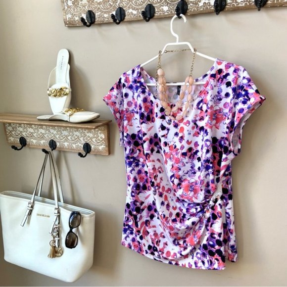 Short sleeve purple pink pattern blouse size large - Picture 2 of 4